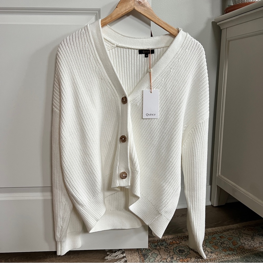 NWT Quince 100% Organic Cotton Fisherman Boxy Cropped Cardigan Ivory M